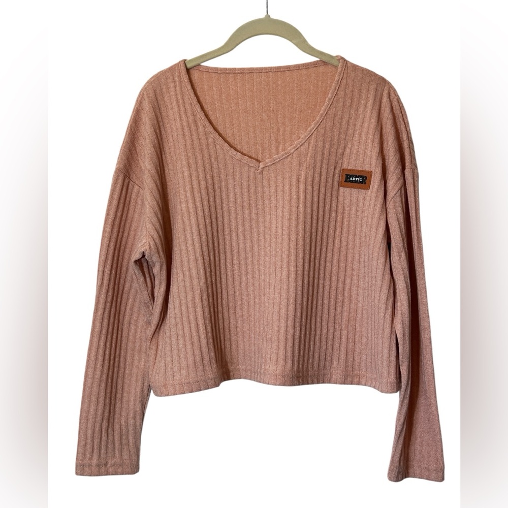 BESR Arctic Cropped Top Women's Size L Pink Ribbed Knit V-Neck Boxy Y2K